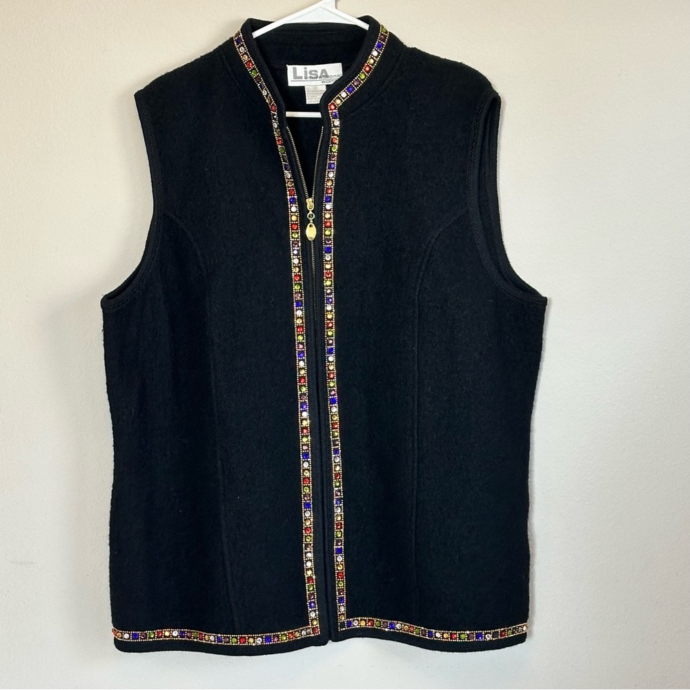 Lisa International Wool Zip Up Black Vest Plus Size 1X Gold‎ & Multicolor Jewels